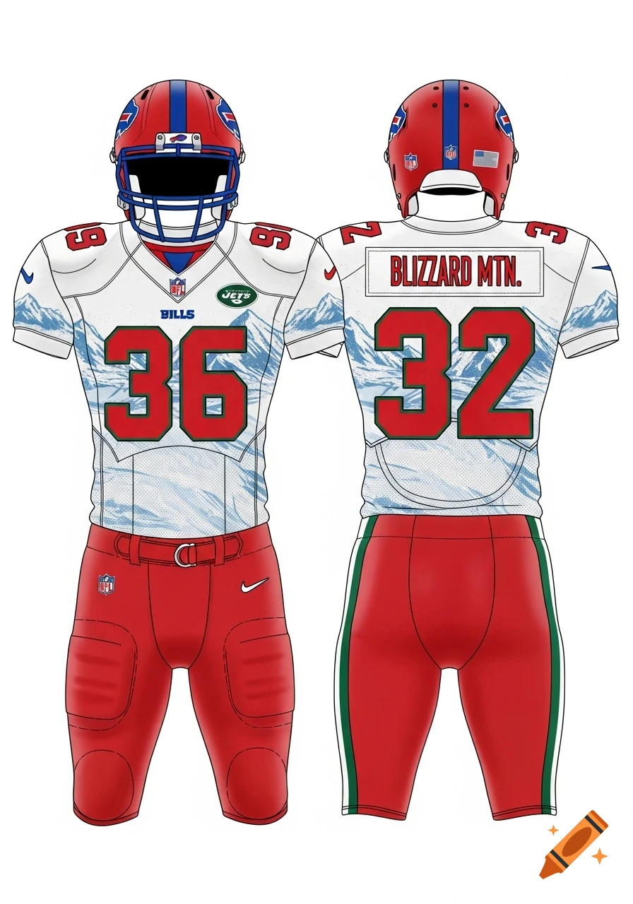 Front and back views of a white American football uniform with red and royal blue helmet, red pants with green stripe, and white jersey featuring red numbers '36' and '32', 'BILLS' and 'JETS' logos, and a subtle light blue mountain pattern.