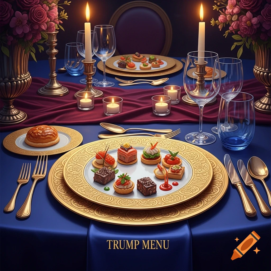 A formal dining table set with gold-rimmed plates, cutlery, wine glasses, and lit candles, adorned with red floral arrangements. Small appetizers are on the plates, and the tablecloth reads "TRUMP MENU".