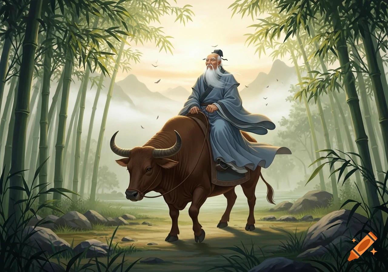 Lao-Tzu, an ancient sage with a long white beard, rides a brown ox through a misty bamboo forest at sunrise.