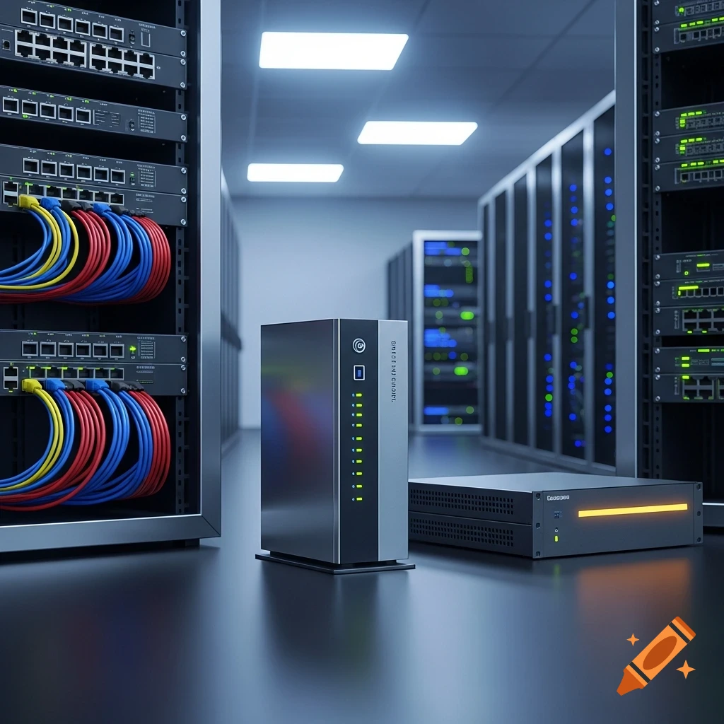 A photorealistic image of a data center with a router, a firewall, and server racks with colorful cables.