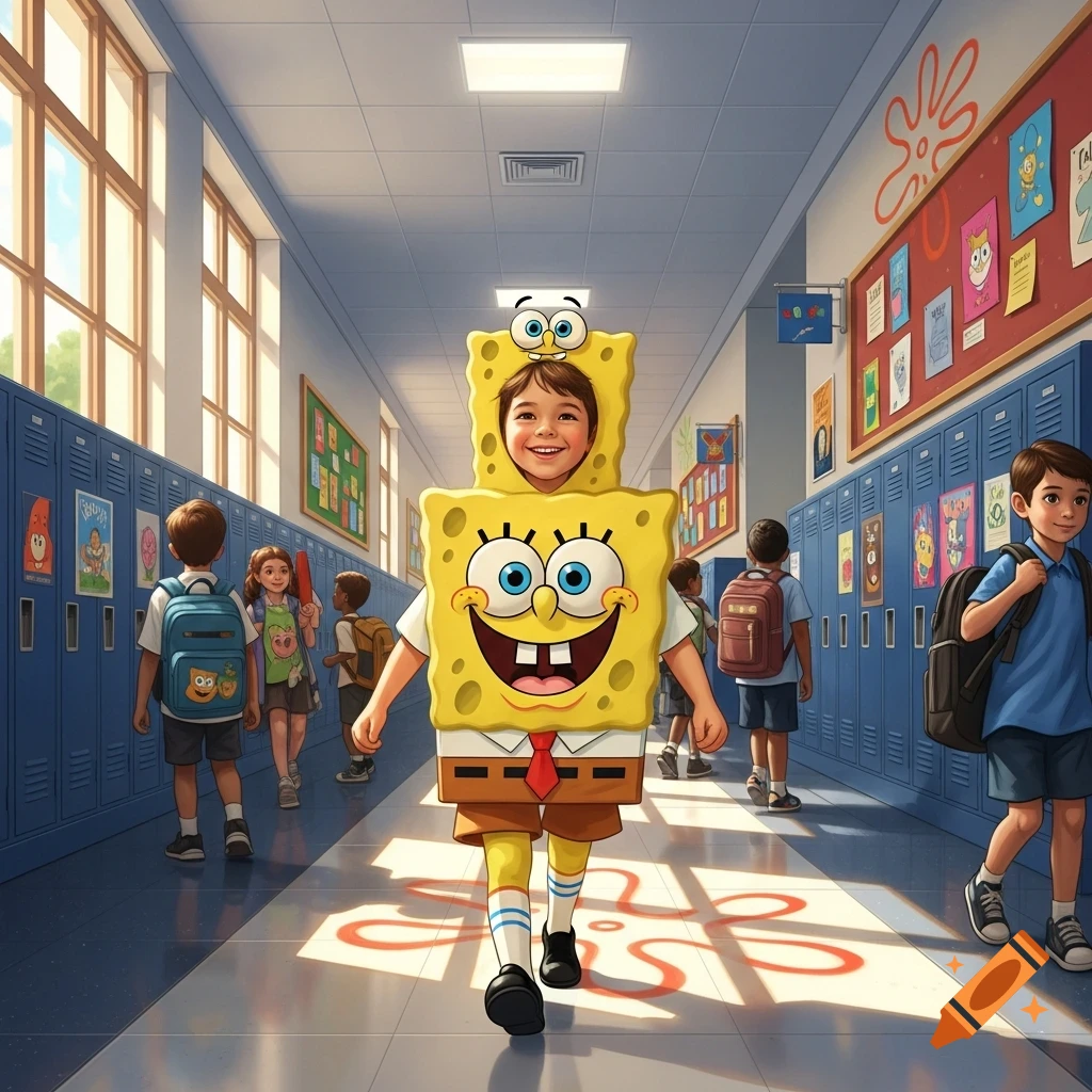 A happy child in a Spongebob Squarepants costume smiles while walking down a school hallway filled with lockers and other children.