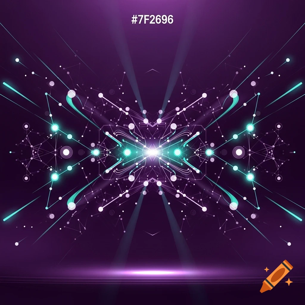 An abstract digital background with a central bright light, glowing teal lines, and connected white dots on a purple background.