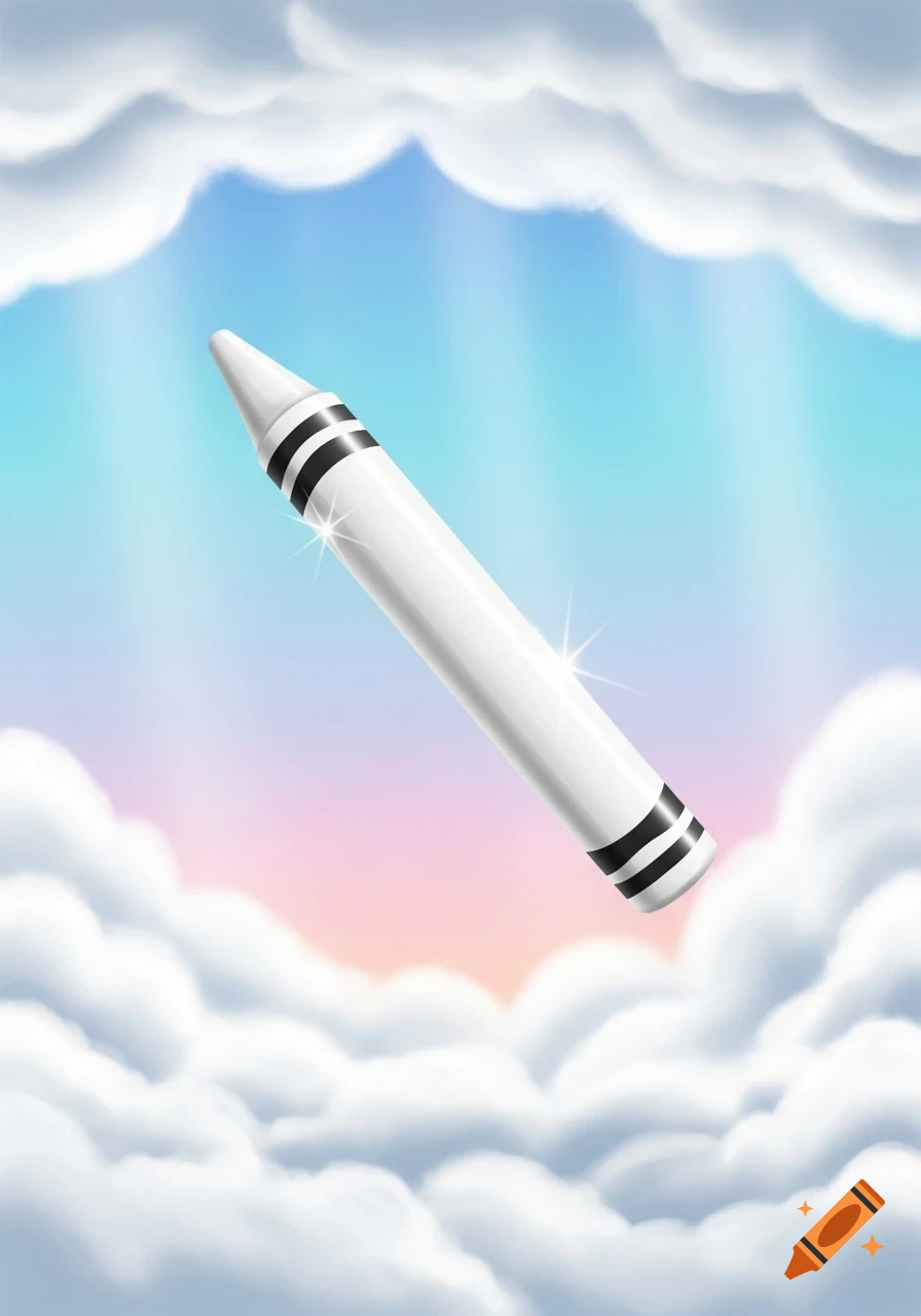 A white crayon with black bands floats diagonally in a bright blue, pink, and purple sky surrounded by soft white clouds.