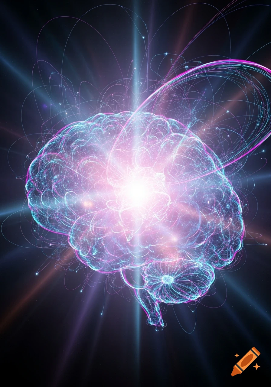A glowing, abstract brain depicted with vibrant blue and pink neon lines, emanating energy and light on a dark background.