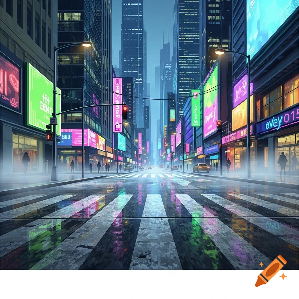 A stylized view of a rainy city street at dusk, with tall buildings adorned with bright neon signs and reflections on the wet crosswalk.