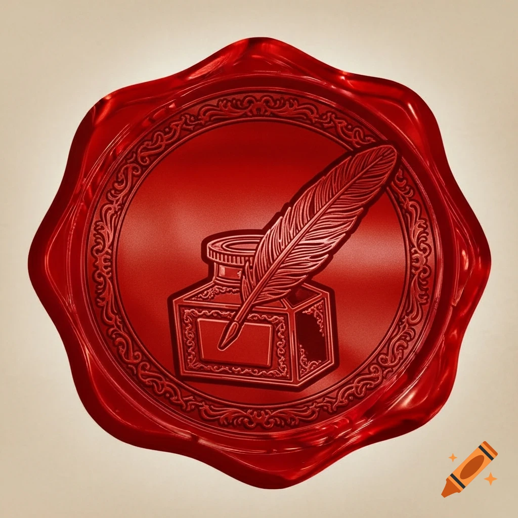 A detailed red wax seal with an embossed design of an inkwell and a feather quill, on a light background.