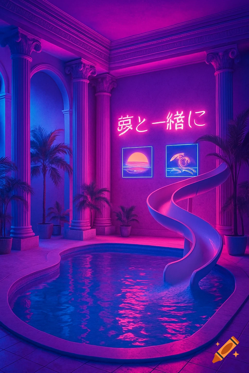 Vaporwave indoor pool with a waterslide, Greek columns, neon signs, and potted plants, bathed in vibrant pink and purple light.