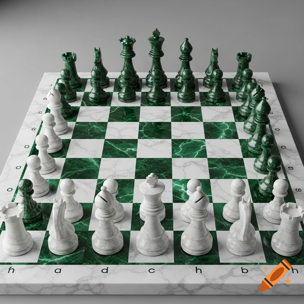A photorealistic chess board with green and white marble pieces and squares.