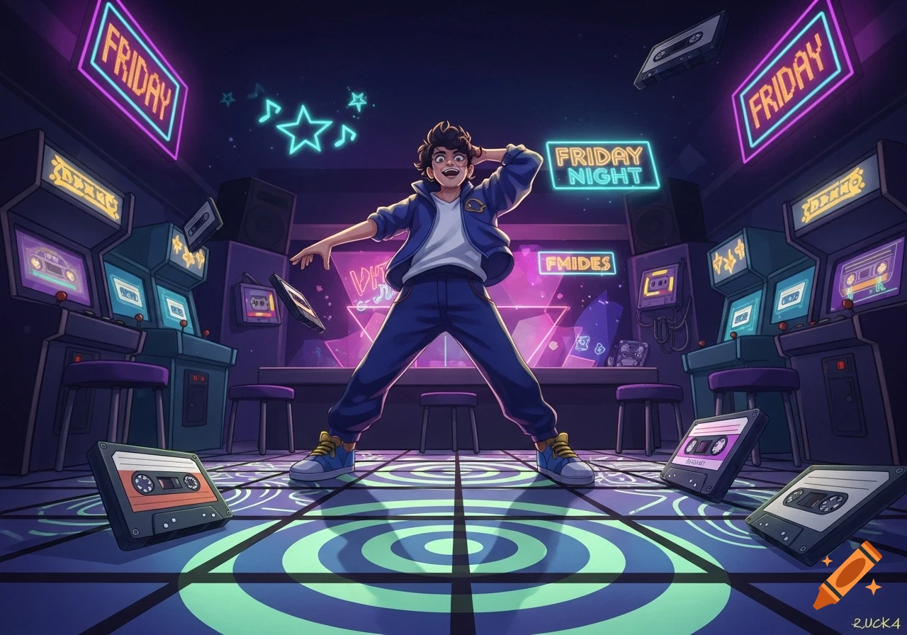 A stylized anime boy in a blue jacket dances under neon lights in an arcade-like room with cassette tapes on the floor and glowing signs that read "FRIDAY" and "FRIDAY NIGHT".