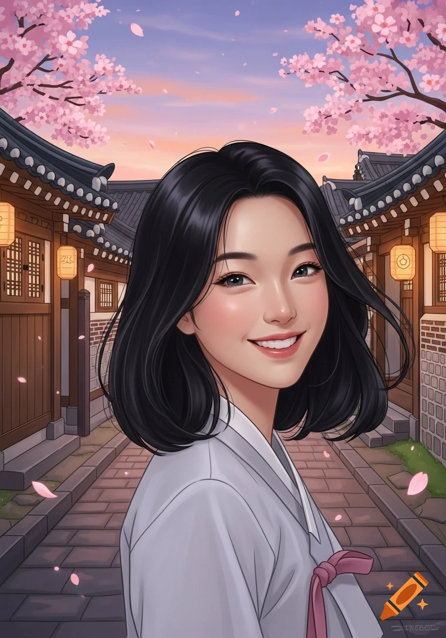 Smiling young Korean woman with short black hair in traditional clothing stands on a street with cherry blossoms and traditional buildings, anime style.