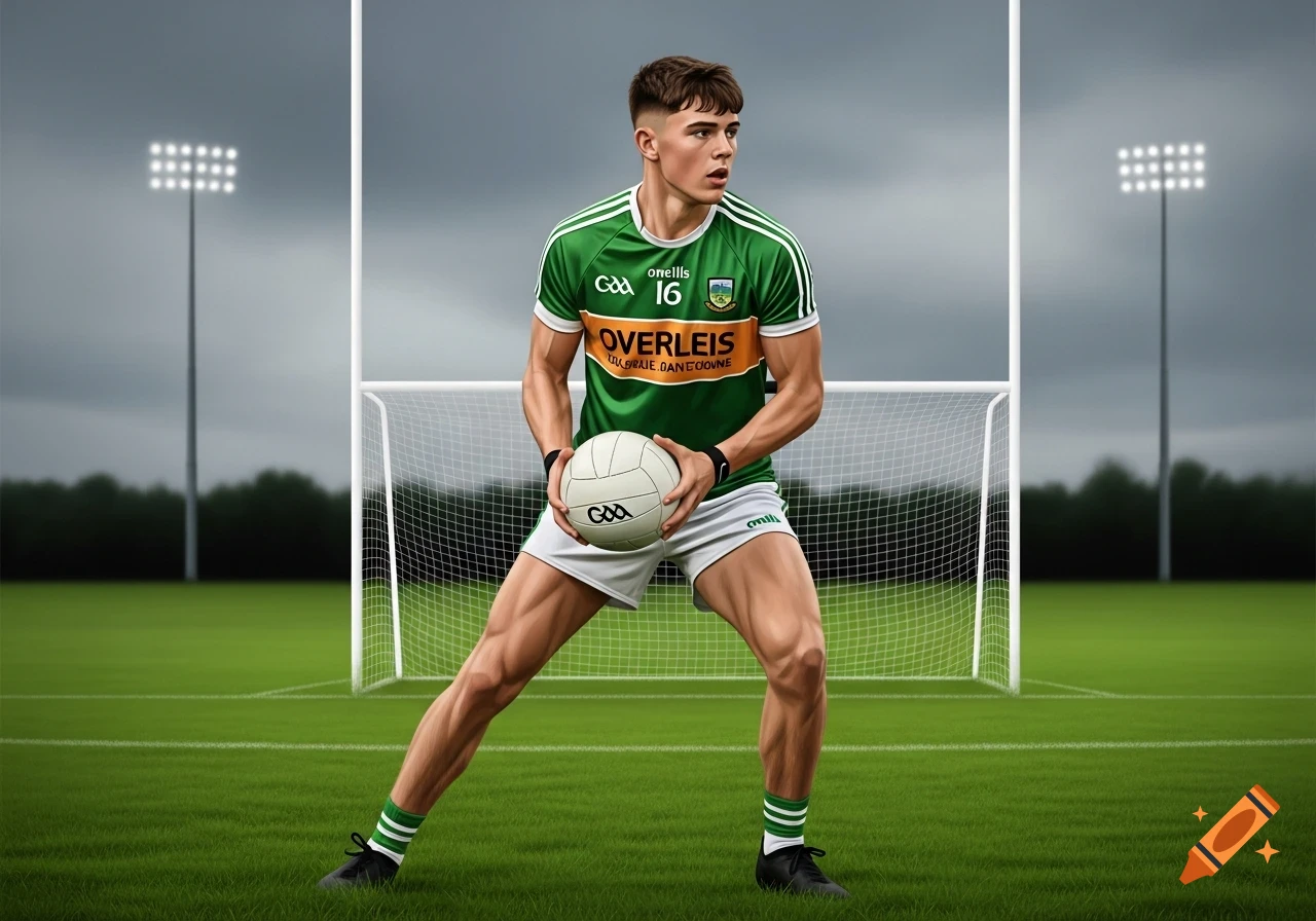 Young male Gaelic football player in a green and white uniform holding a ball on a grass pitch with goalposts.