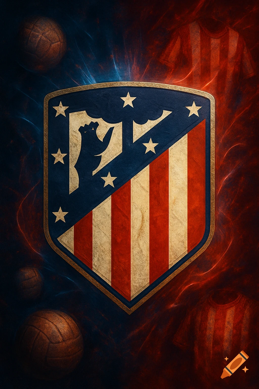 Stylized Atletico Madrid crest featuring a bear and stars, with vintage footballs and blurred jerseys on a fiery red and blue background.