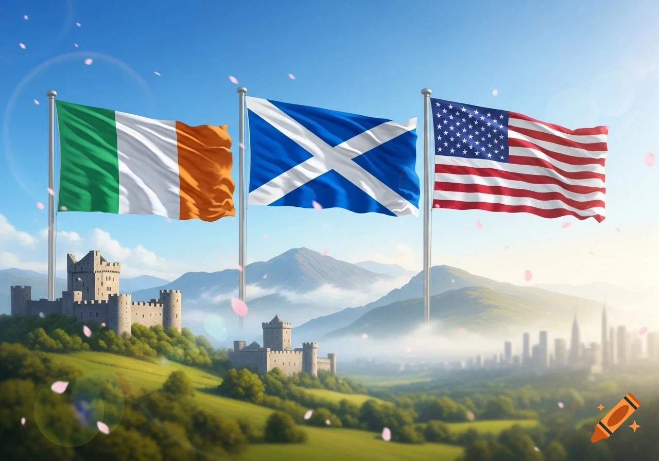 Flags of Ireland, Scotland, and the USA wave above castles, green hills, and a distant city under a bright sky with falling pink petals.