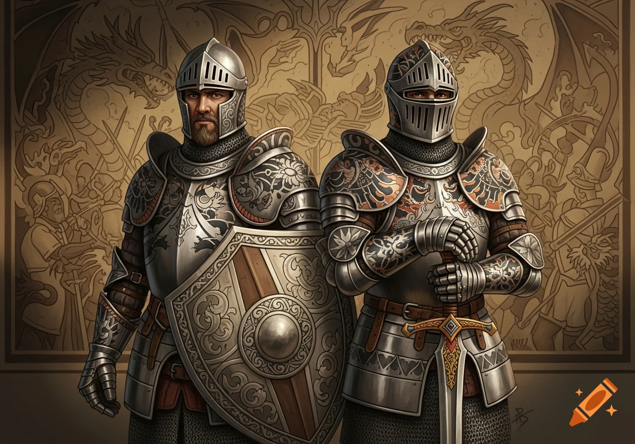 Two armored knights with ornate, tattoo-style detailing on their armor, standing against a background tapestry of dragons and battles.
