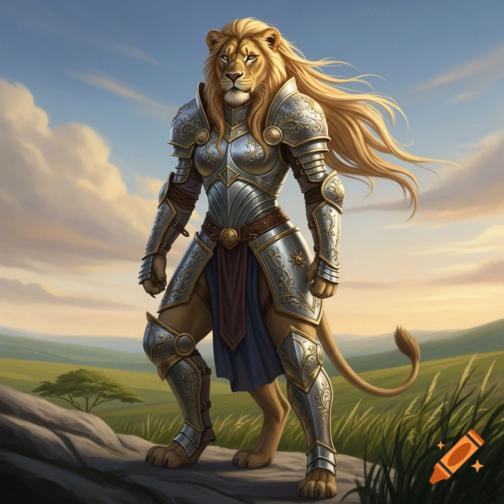 An anthropomorphic lioness warrior in ornate silver and gold armor with flowing blonde hair stands on a rock in a grassy savanna under a cloudy sky.