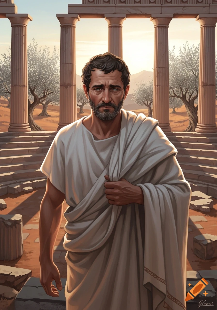 Digital painting of a tired, bearded man in a white toga standing among ancient Greek ruins with columns and olive trees.