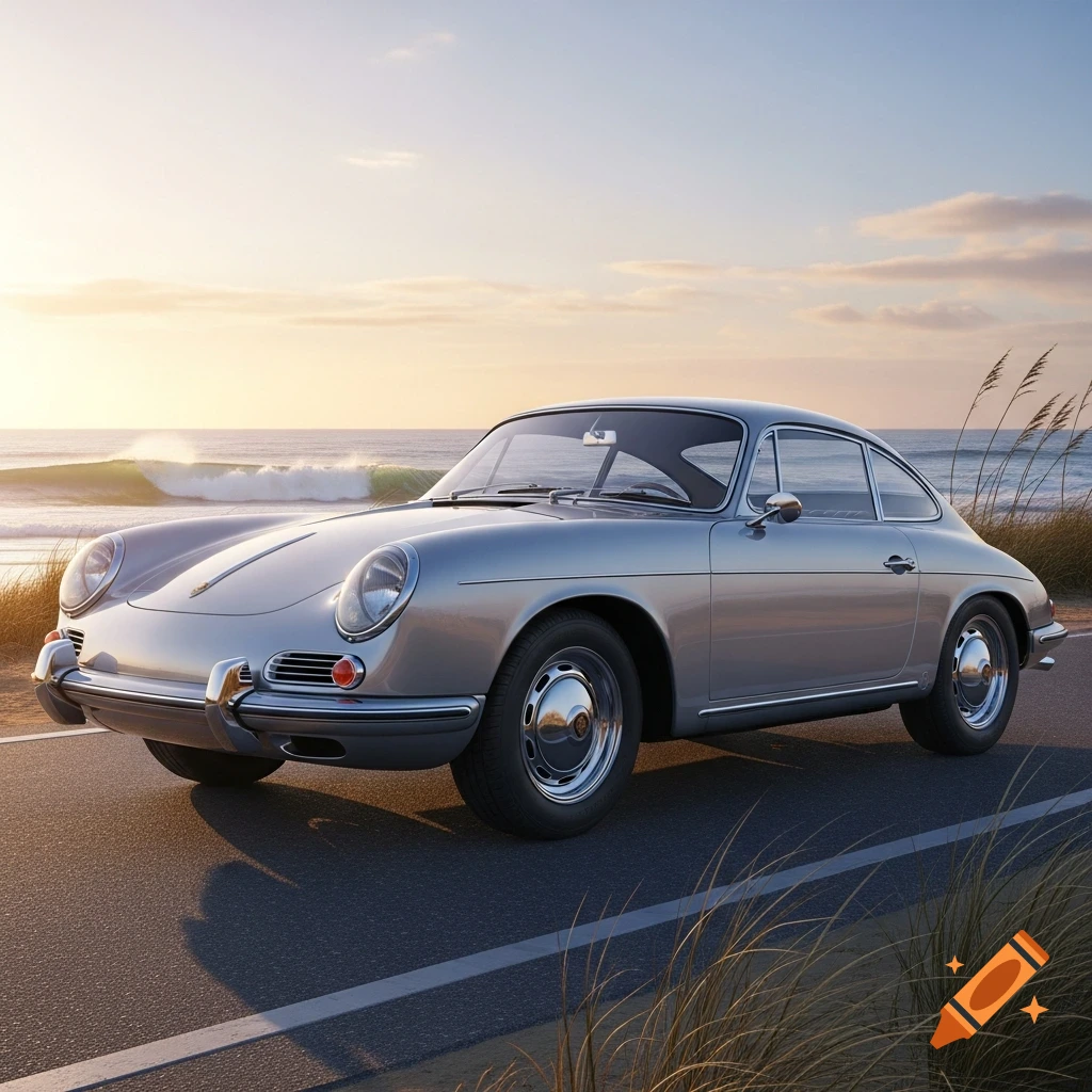 Silver classic car on a coastal road at sunset, with waves in the background.