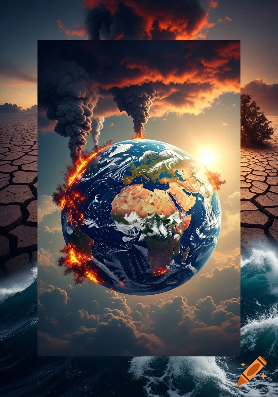 The Earth engulfed in flames and smoke, surrounded by cracked, dry land, turbulent waves, and a fiery sunset sky, symbolizing climate change.