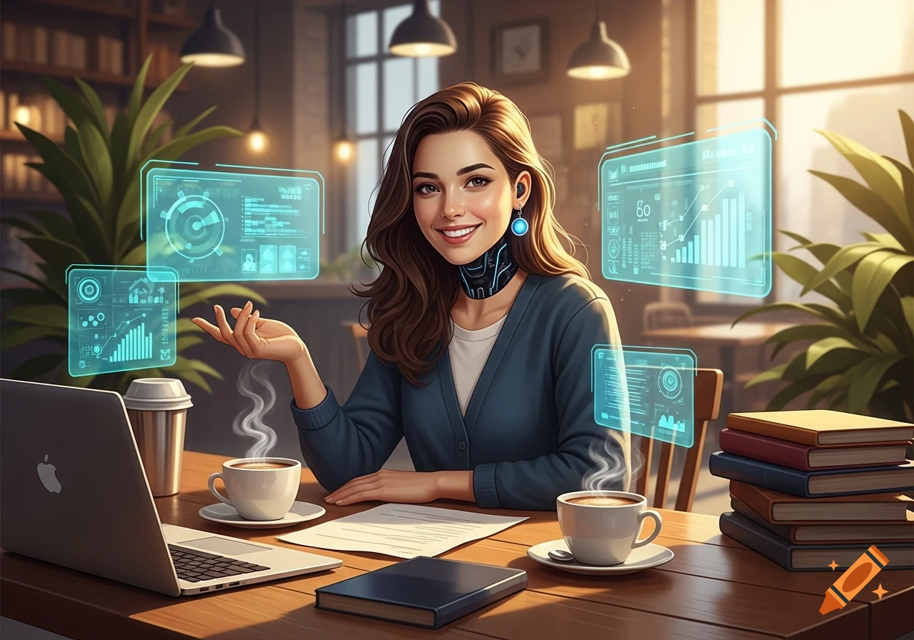 A smiling woman with a futuristic neck device sits at a cafe table with holographic screens, a laptop, and coffee.