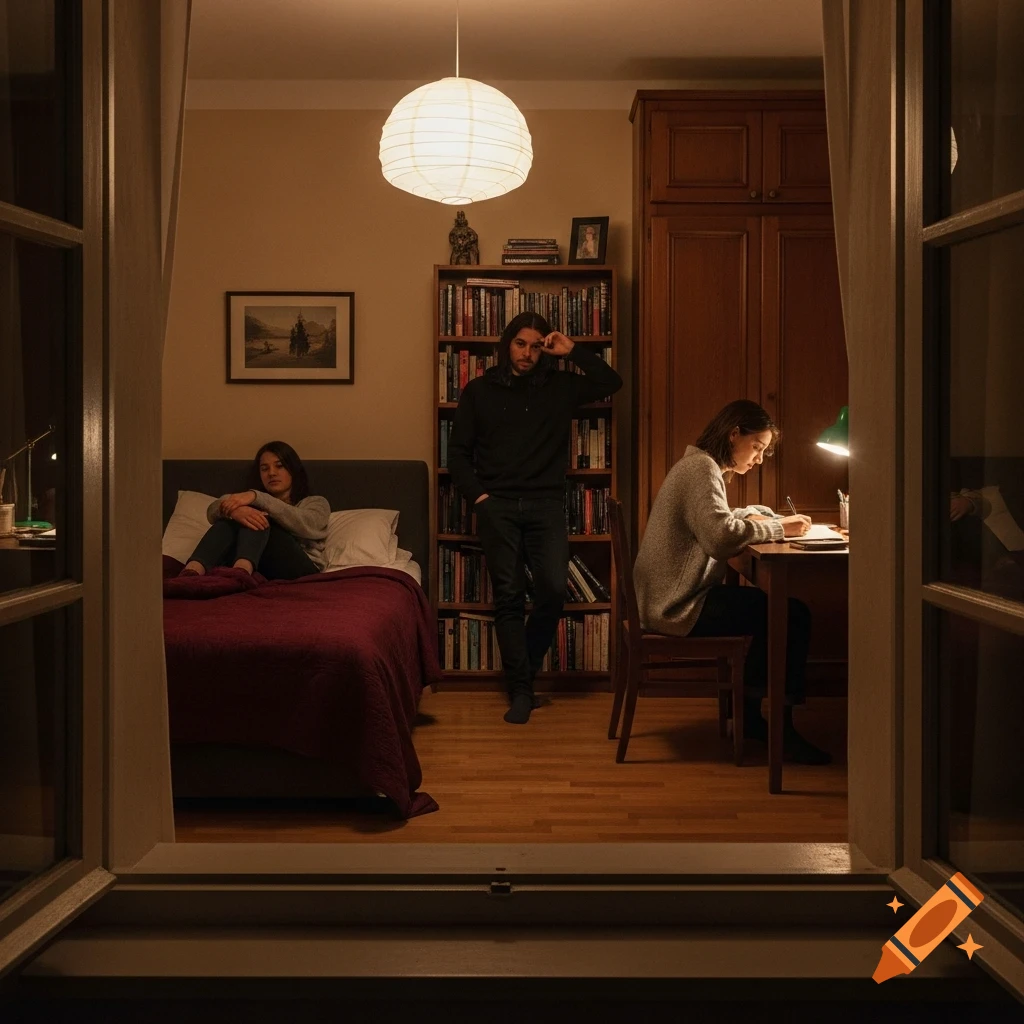 Three people in a dimly lit room, viewed through an open window: one on a bed, one by a bookshelf, and one writing at a desk.