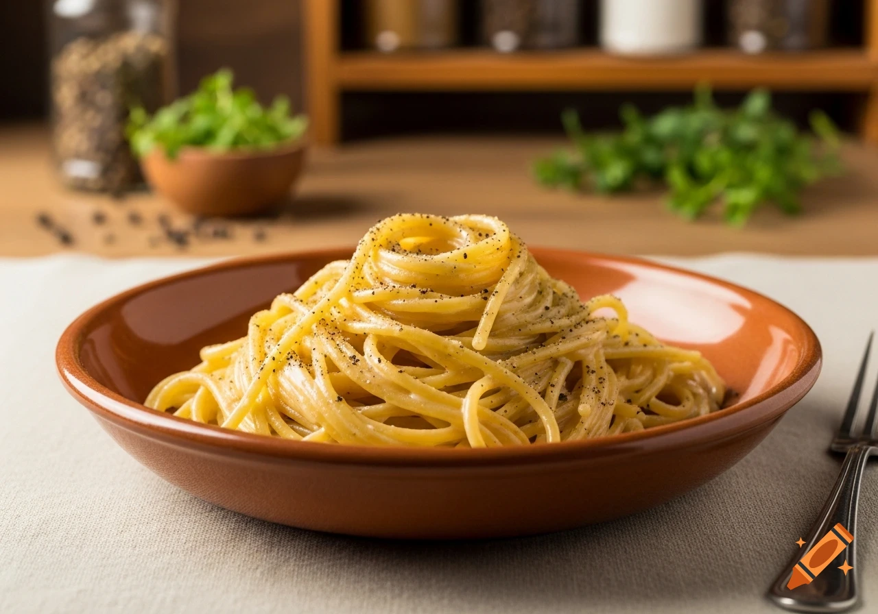 A close-up of a plate of Cacio e Pepe pasta, garnished with black pepper, on a light tablecloth with blurred herbs in the background.