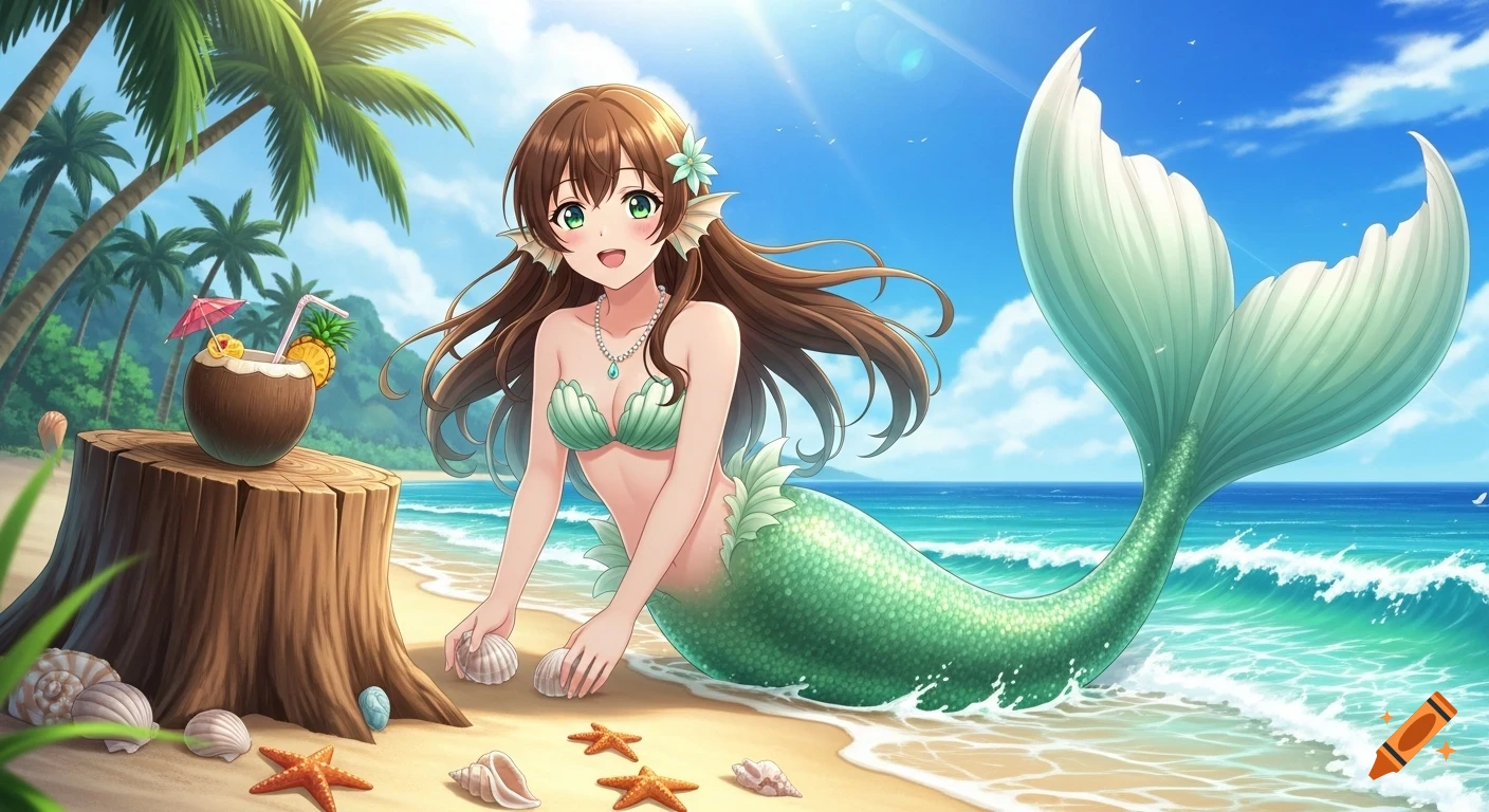 An anime mermaid with brown hair and a green tail picks up seashells on a sunny tropical beach, with a coconut drink nearby.