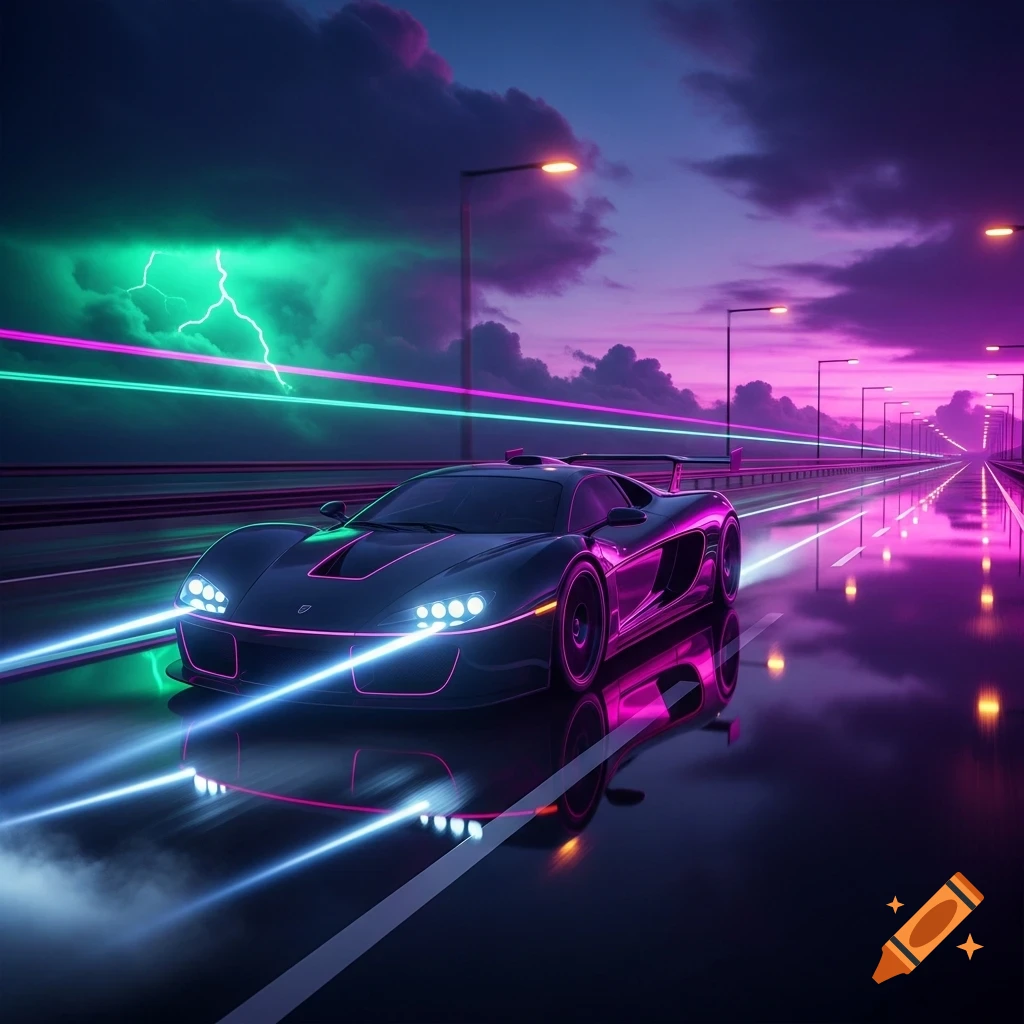 A dark futuristic sports car with neon pink and blue accents drives on a wet highway at night, reflecting vibrant lights under a stormy sky with green lightning.