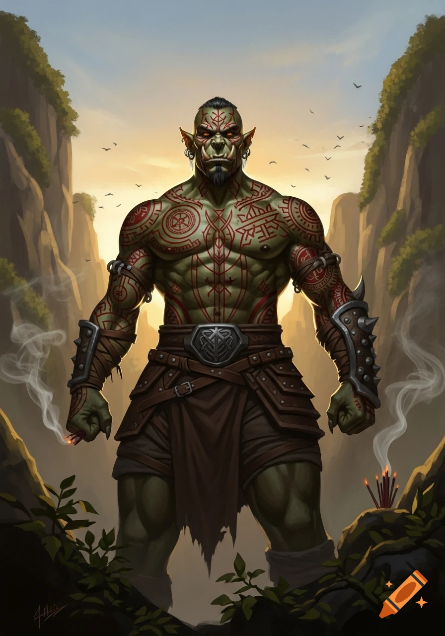 A green-skinned orc barbarian with red tribal tattoos and leather armor stands in a mountain pass at sunset, holding a glowing fuse.