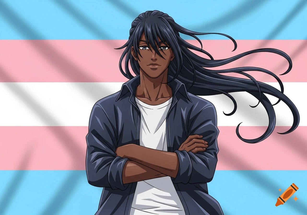 Anime-style dark-skinned man with long black hair, arms crossed, standing in front of a transgender flag.