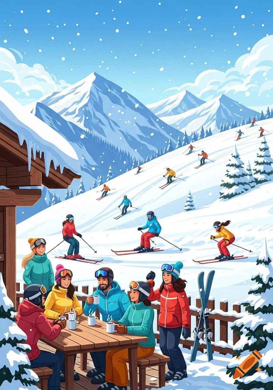 A cartoon illustration of people skiing down a snowy mountain and others enjoying a break at a wooden ski resort patio.