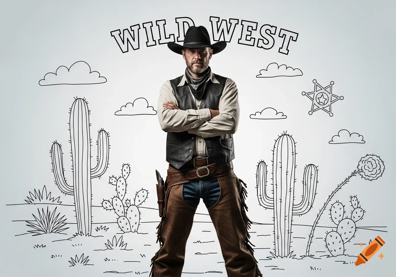 Photorealistic cowboy in a hat and chaps with crossed arms against a whimsical line drawing of the Wild West with cacti and text.