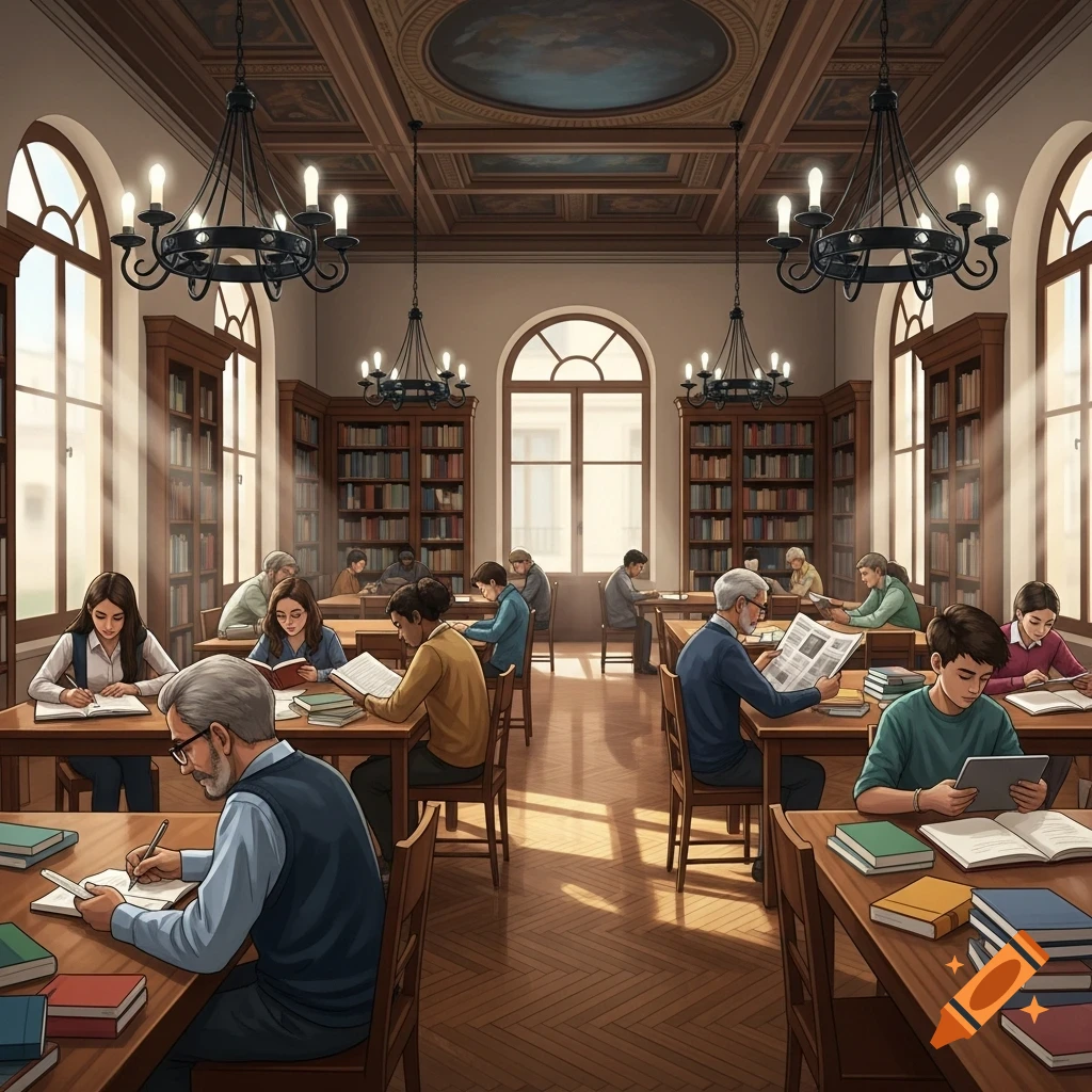 People read and study at wooden tables in a grand library with tall bookshelves, chandeliers, and arched windows, sunlight streaming in.