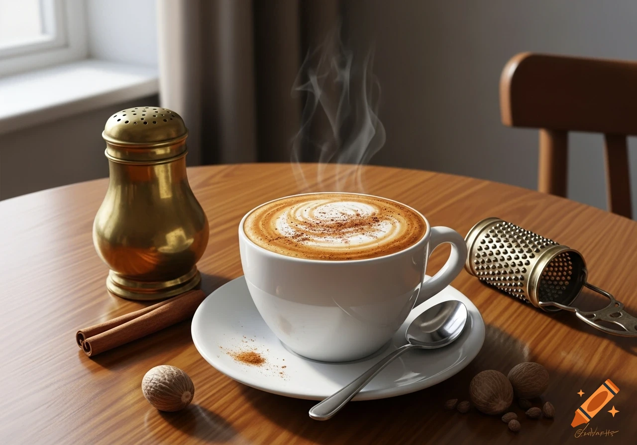 A steaming cup of cappuccino with latte art, cinnamon, and whole nutmeg on a wooden table next to brass spice shakers.