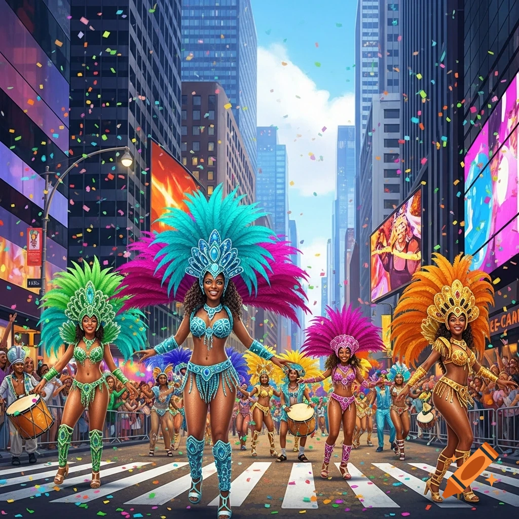 Vibrant carnival parade with dancers in elaborate, feathered costumes moving down a confetti-filled city street lined with skyscrapers and billboards.