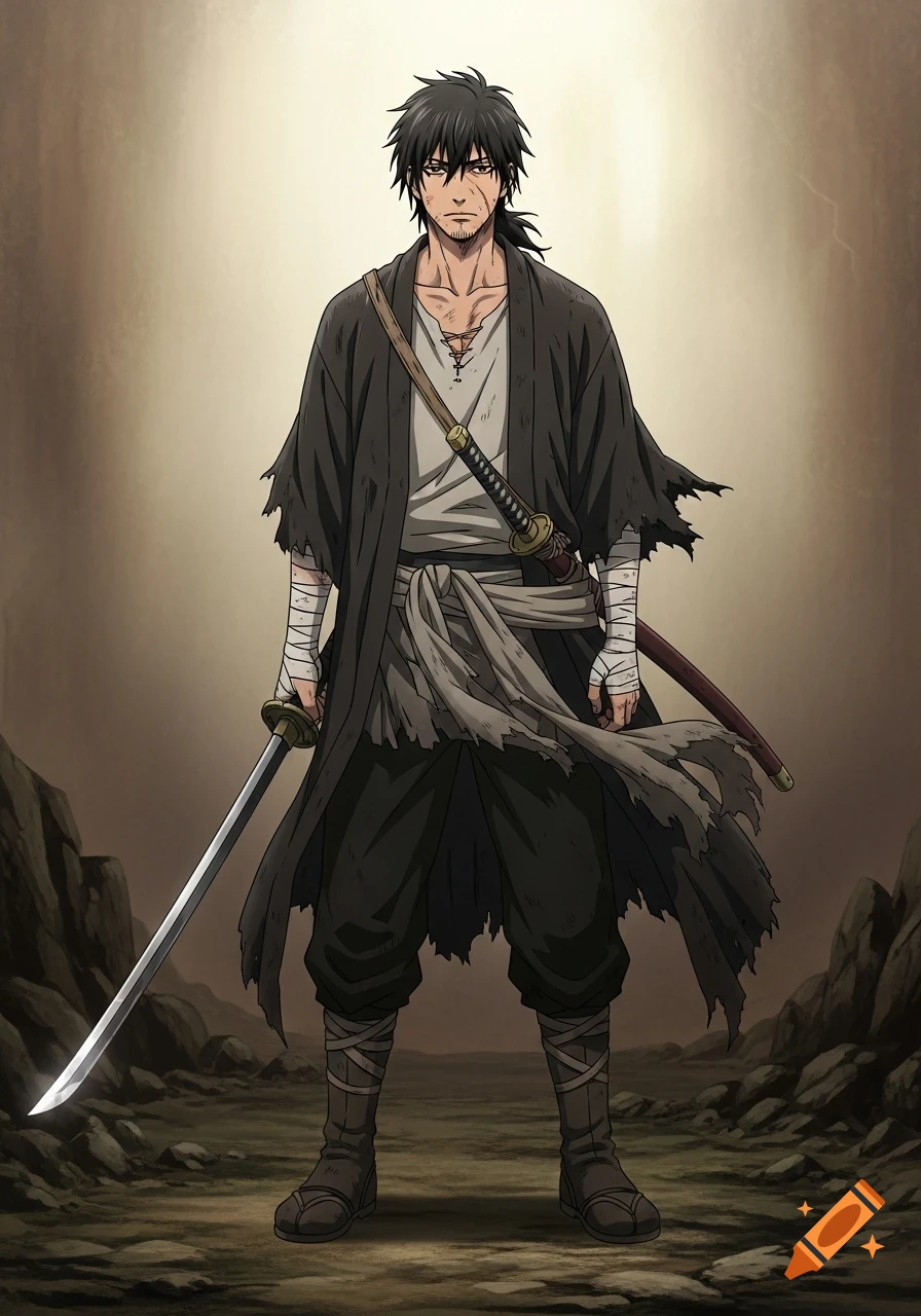 Anime-style male swordsman in dark tattered clothing and bandaged wrists, holding a katana on barren ground.