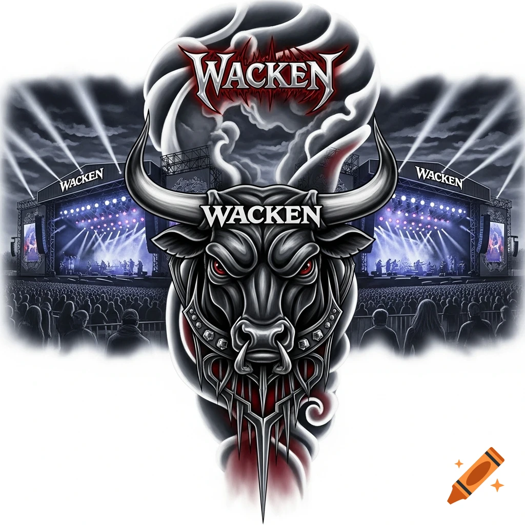 Stylized Wacken bullhead tattoo design with red eyes, set against two concert stages and a crowd under a dark sky.