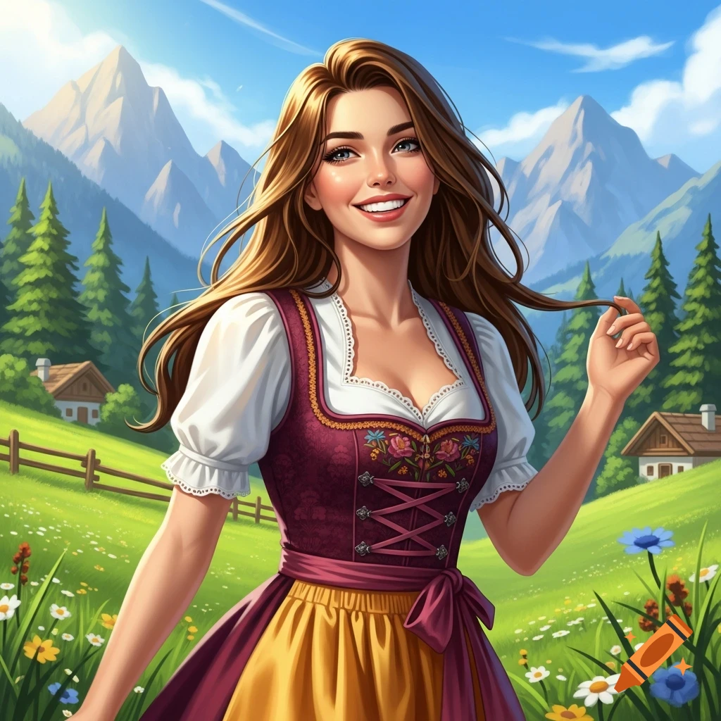 A smiling young woman with long brown hair, wearing a traditional German dirndl in a vibrant mountain meadow.