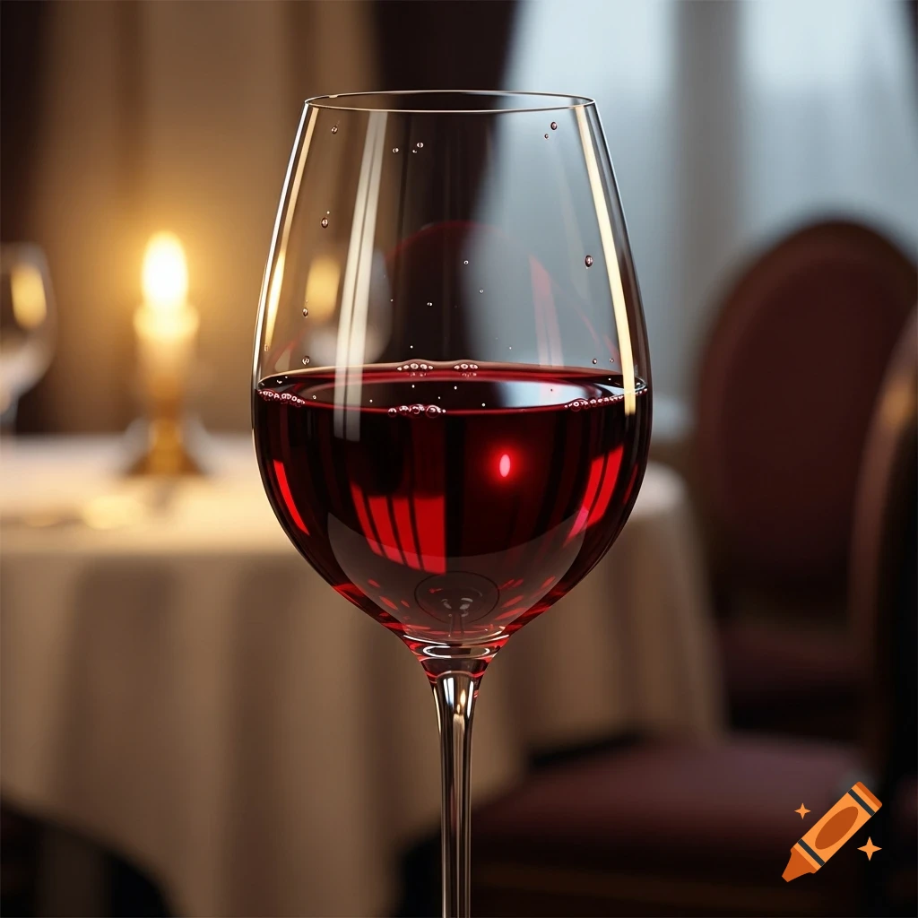 A close-up, photorealistic shot of a glass of red wine, full to the brim, with a blurred candlelit dining room in the background.