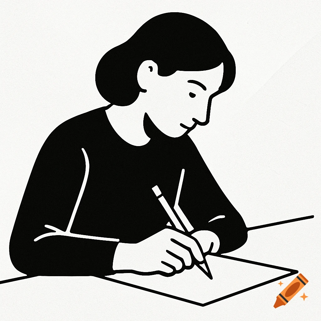 A black and white minimalistic illustration of a person writing on paper with a pencil.