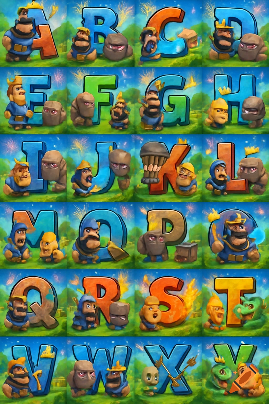 Clash Royale themed alphabet with each letter (A-Z) accompanied by a cartoon character from the game on a vibrant background.