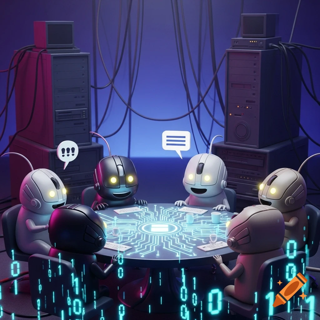 Stylized computer mouse robots sit at a glowing circuit board table, surrounded by servers and binary code, communicating with speech bubbles.