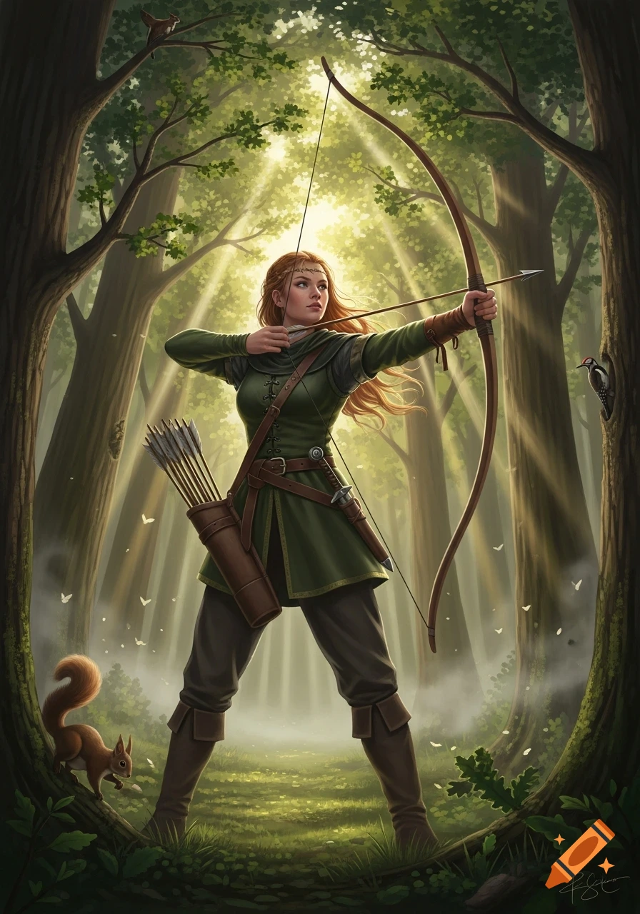 A red-haired huntress in green draws a longbow, aiming intently in a sunlit mystical forest with a squirrel and woodpecker. Digital painting.