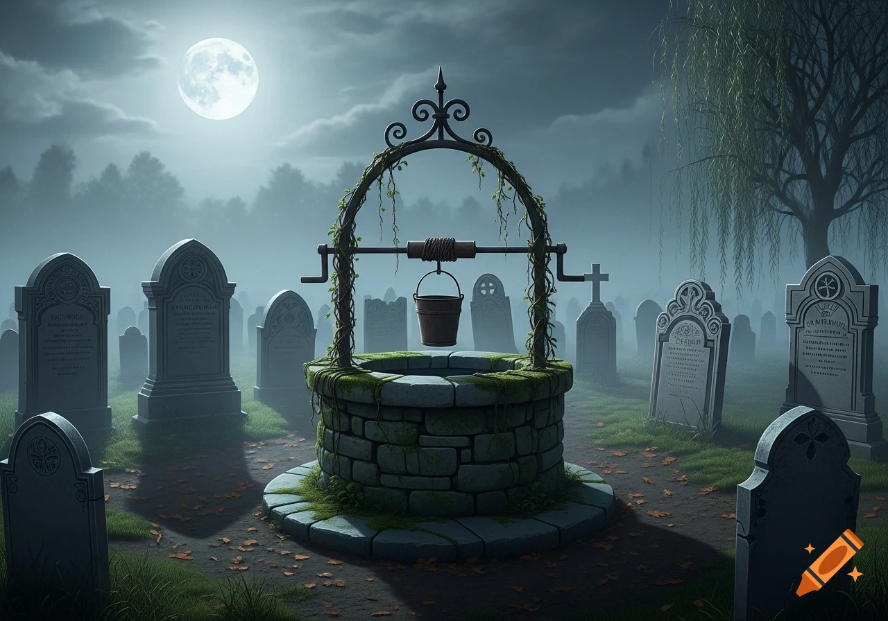 A wishing well stands in a foggy graveyard at night under a full moon, surrounded by mossy tombstones and a weeping willow.