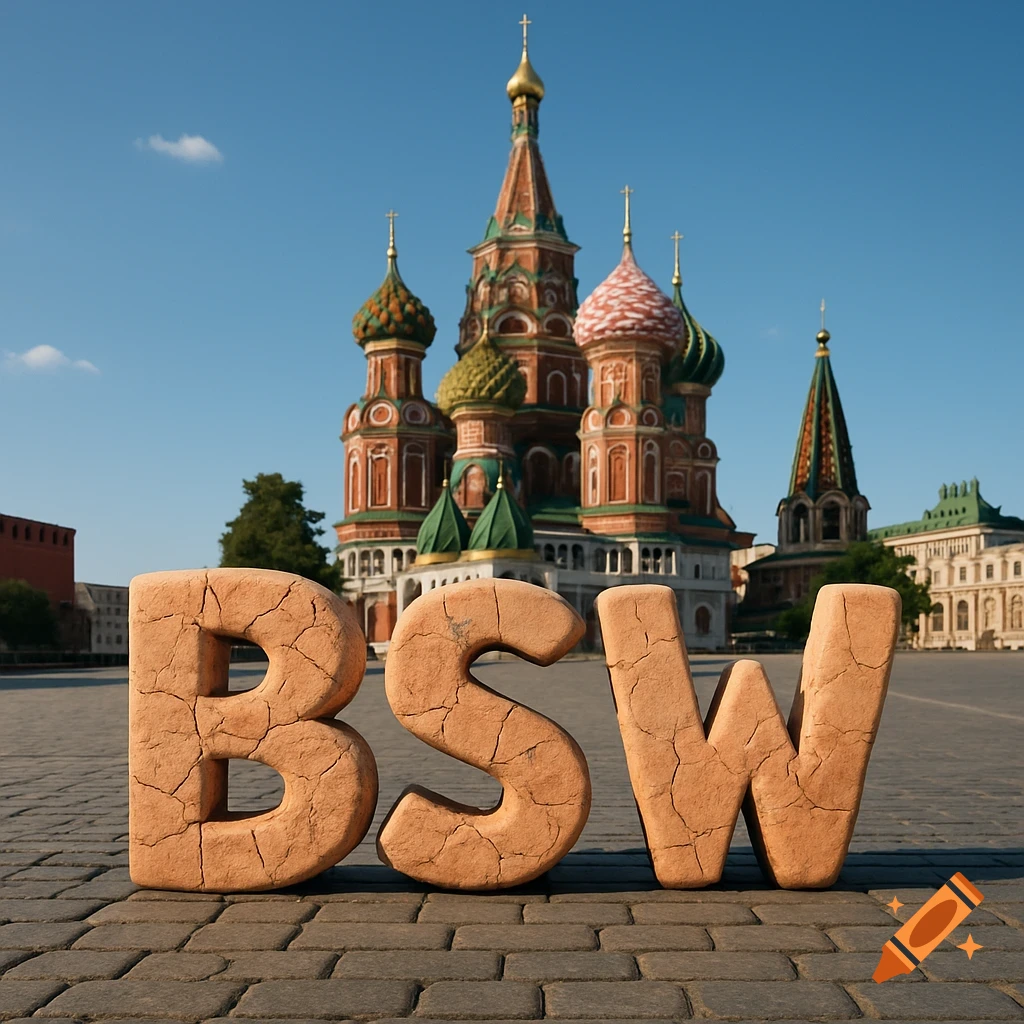 Photorealistic image of large, cracked orange letters "BSW" on cobblestones in Red Square, with St. Basil's Cathedral in the background under a blue sky.