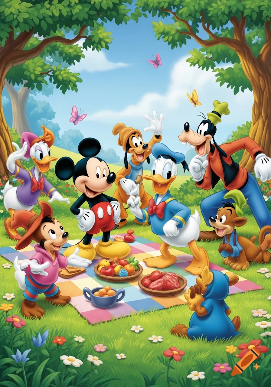 A colorful animated cartoon drawing of Mickey, Minnie, Donald, Daisy, Goofy, Pluto, and two chipmunk-like characters having a picnic in a sunny park.