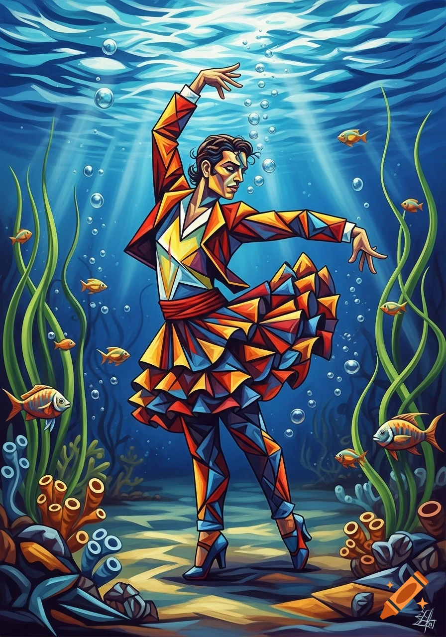 A cubist painting of a male flamenco dancer in vibrant, geometric attire, dancing underwater amidst fish and bubbles.