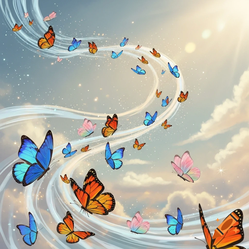 Numerous colorful butterflies, including blue, orange, and pink, gracefully fly along glowing white trails against a bright sky with soft clouds.
