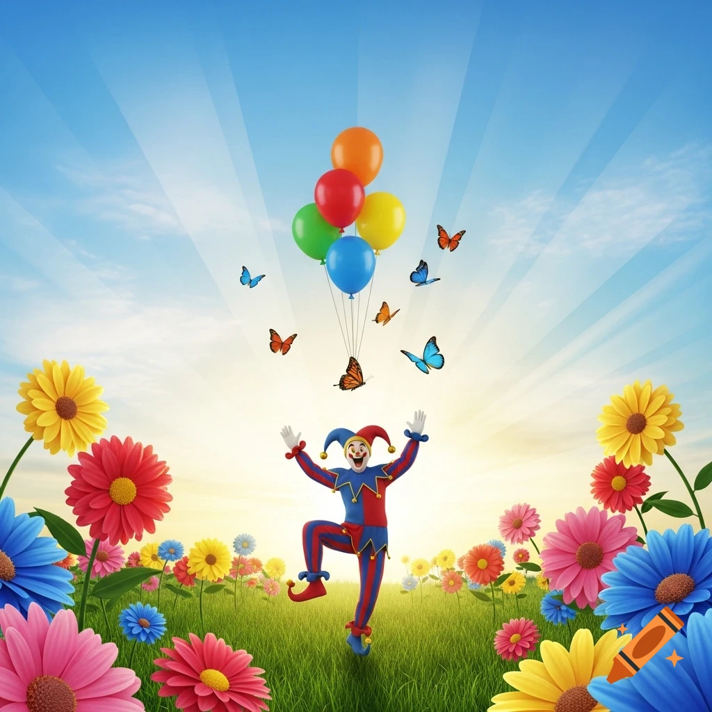 A cheerful jester in a red and blue outfit dances in a field of colorful flowers, holding balloons, with butterflies fluttering under a bright, sunny sky.