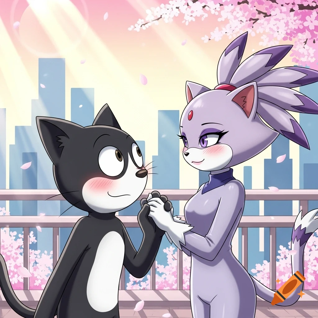 Felix the Cat and Blaze the Cat blush while holding hands on a bridge with cherry blossoms and a city skyline in anime style.
