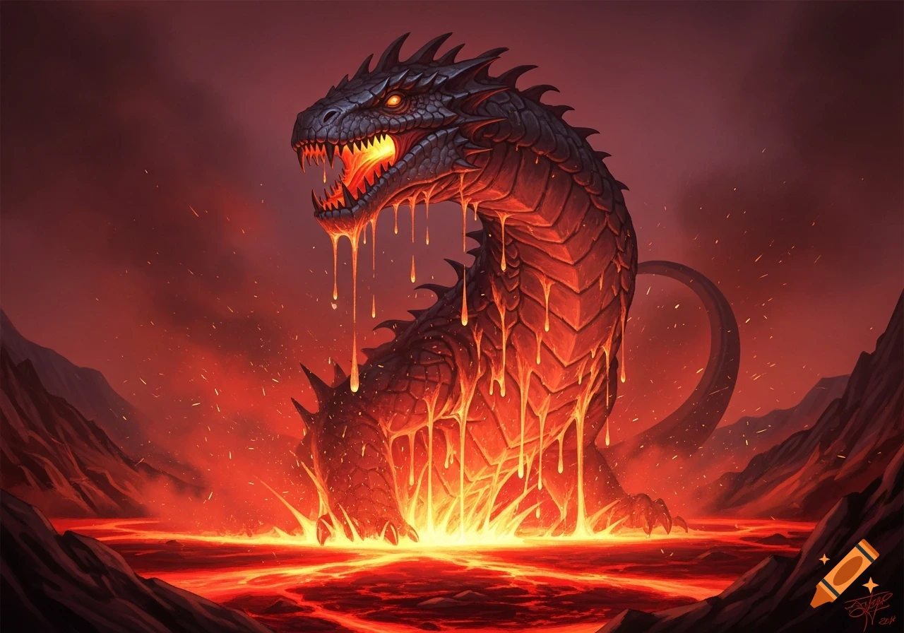 A formidable dragon rises from a glowing river of molten lava, surrounded by a fiery volcanic landscape.